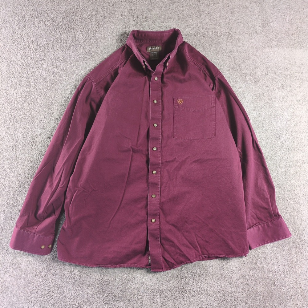 Ariat Mens Solid Twill Long Sleeve Button Down Shirt XXLG‎ Burgundy Work Western